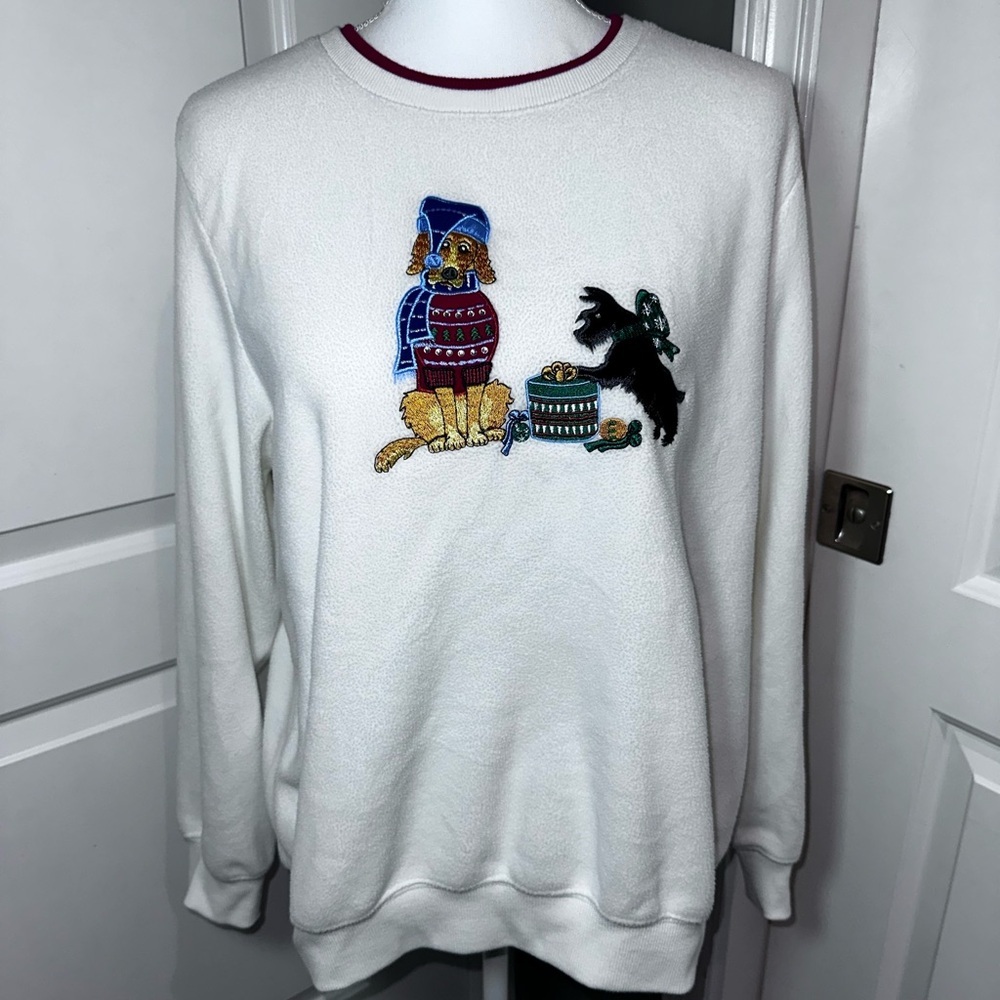 Ugly Christmas Sweater Dog Embroidered Fleece Sweatshirt Alfred Dunner